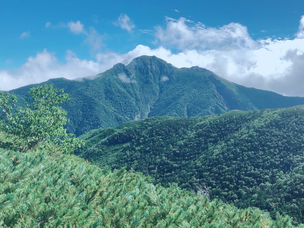 前方にそびえ立つ塩見岳