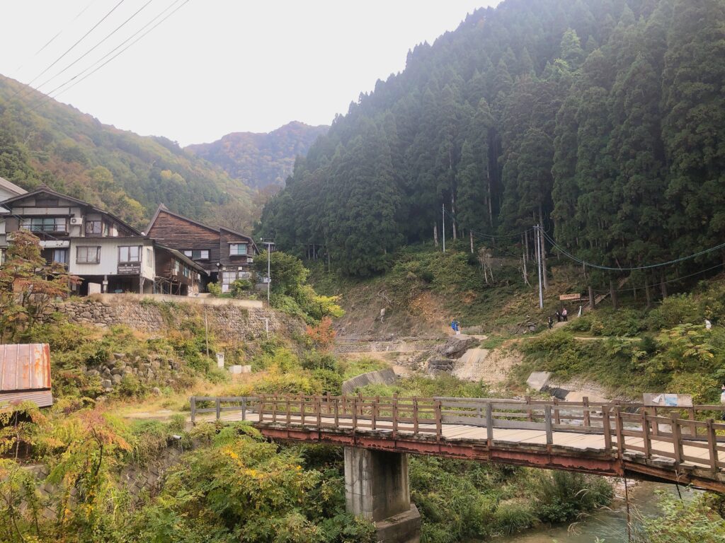 「地獄谷野猿公苑」はさらに右奥へ進みます
左上にあるのは「地獄谷温泉 後楽館」