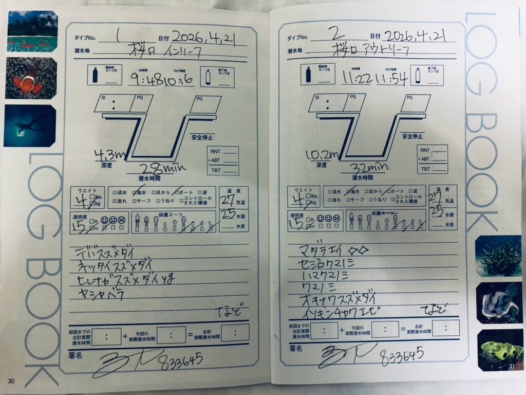 ダイビング記録を書いてくれました！
No.1 桜口 インリーフ 深度 4.3ｍ 時間 28min
No.2 桜口 アウトリーフ 深度 10.2ｍ 時間 32min