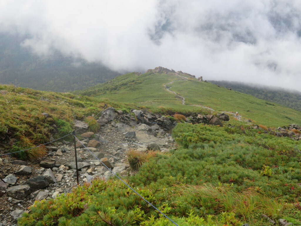 登ってきた登山道を振り返る